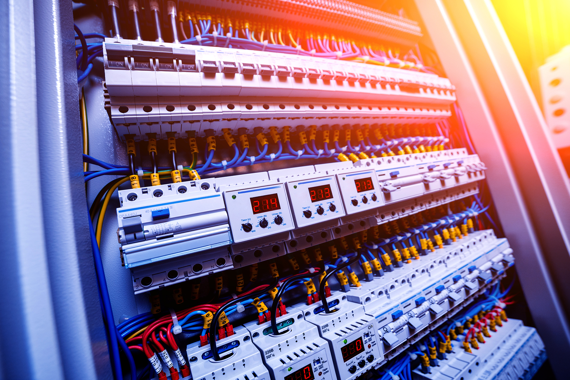 Refurbished mechanical services switchboard with modern protection devices, organised wiring, clear circuit identification and accessible control equipment.
